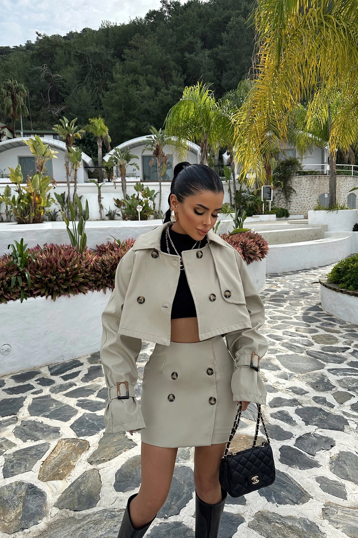 Coco Beige Button Detailed Skirt Suit