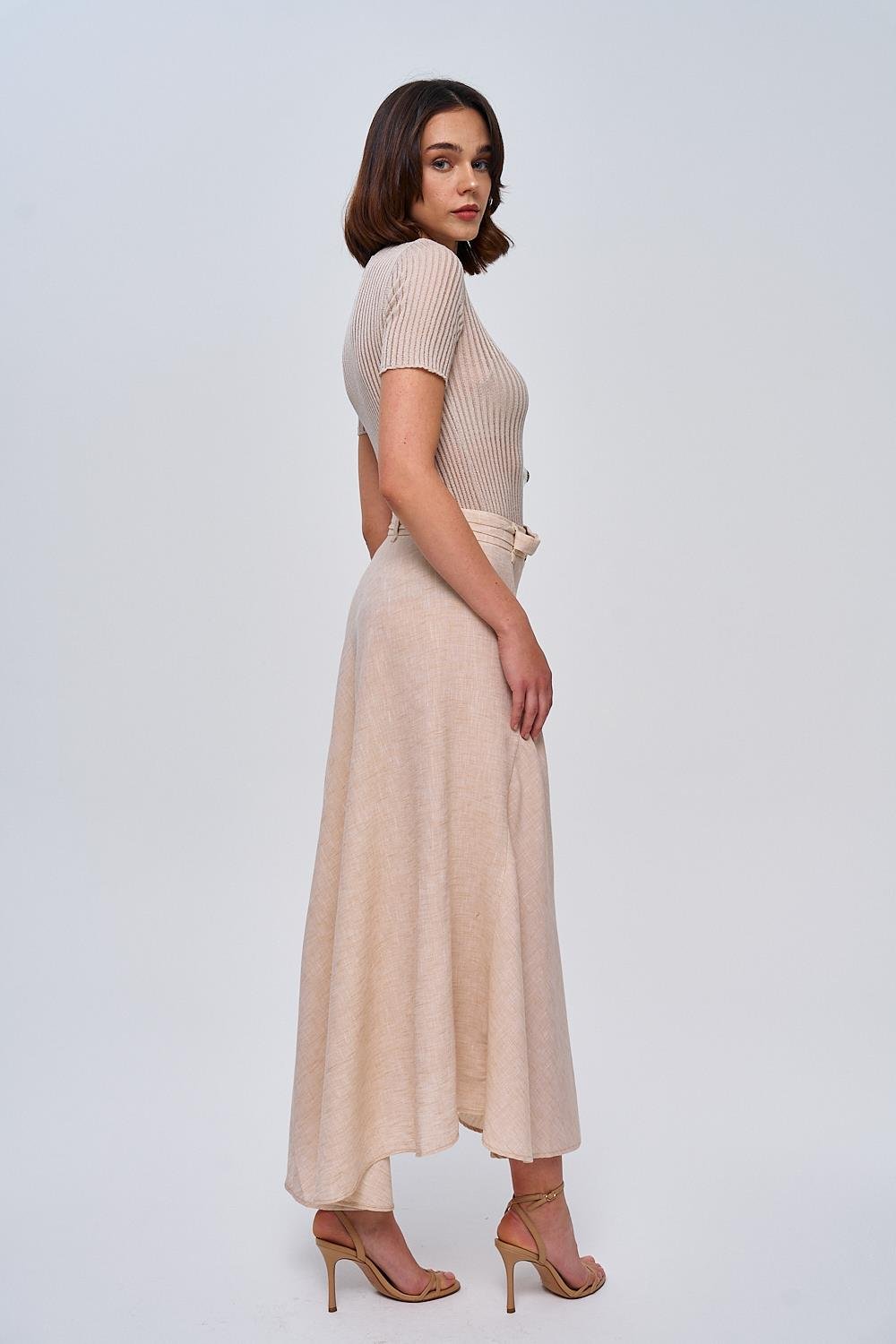 Linen Blend Belted Beige Midi Skirt