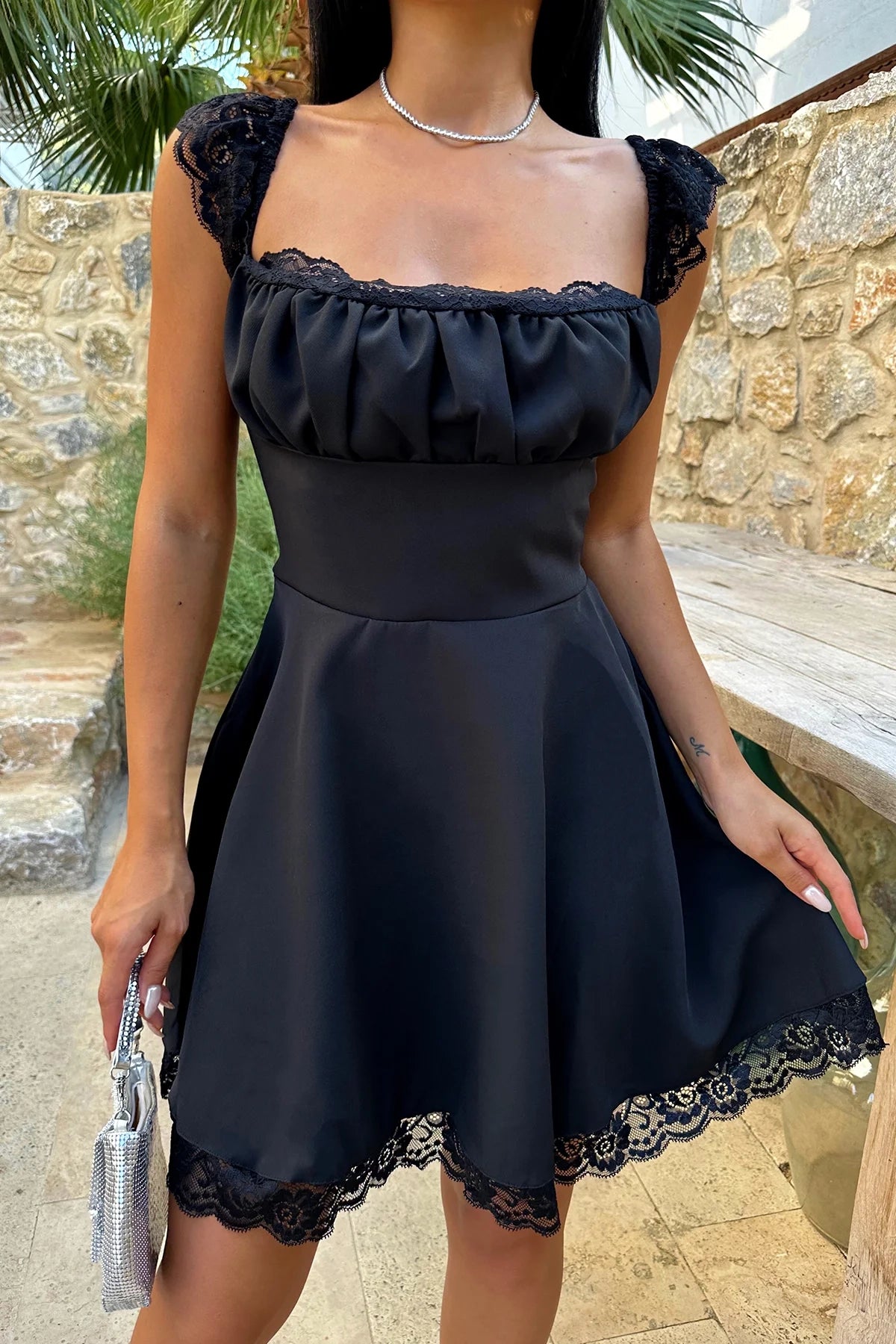 Black Lace Detail Tied Dress