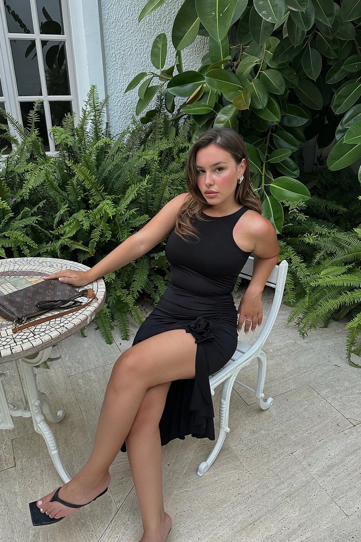 Black Rose Detail Ruffled Long Dress