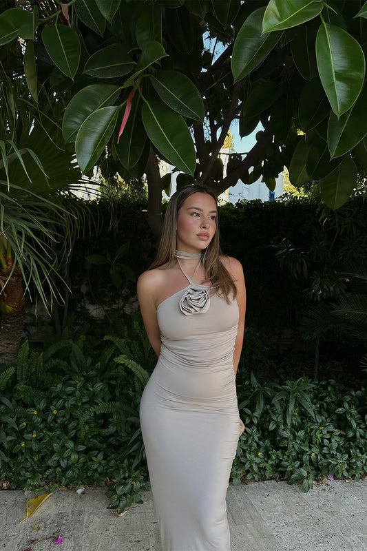 Beige Rose Detail Halter Neck Dress