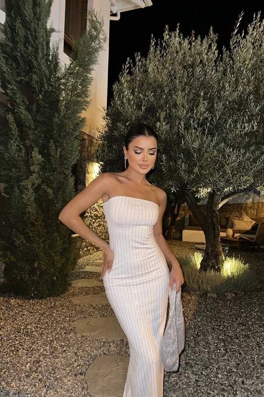 White Stone Strapless Long Dress