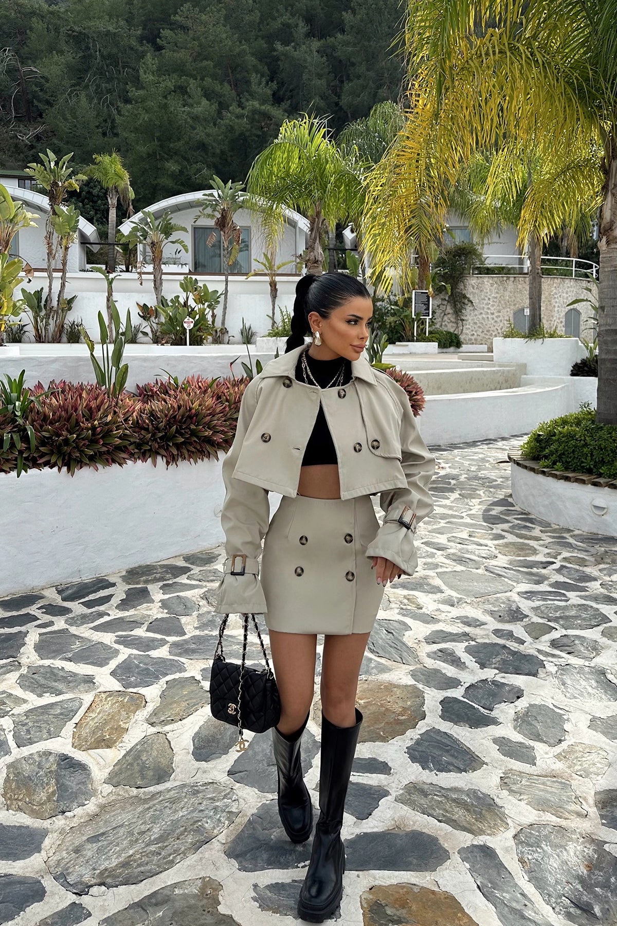 Coco Beige Button Detailed Skirt Suit