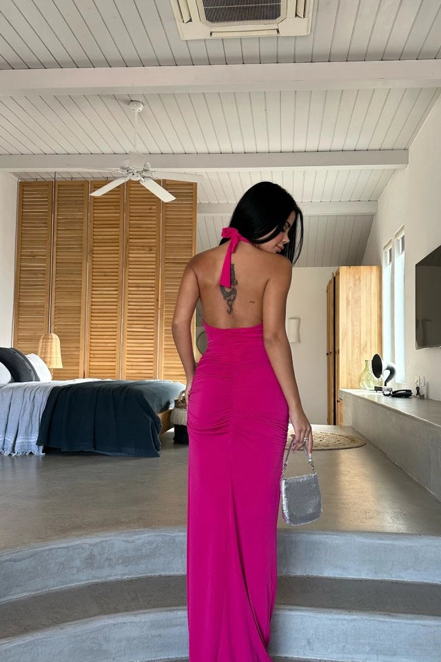Fuchsia Rose Detail Tied Long Dress