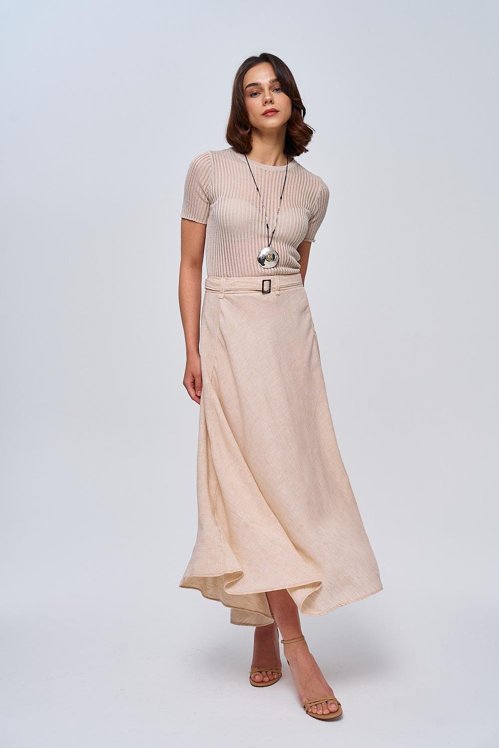 Linen Blend Belted Beige Midi Skirt