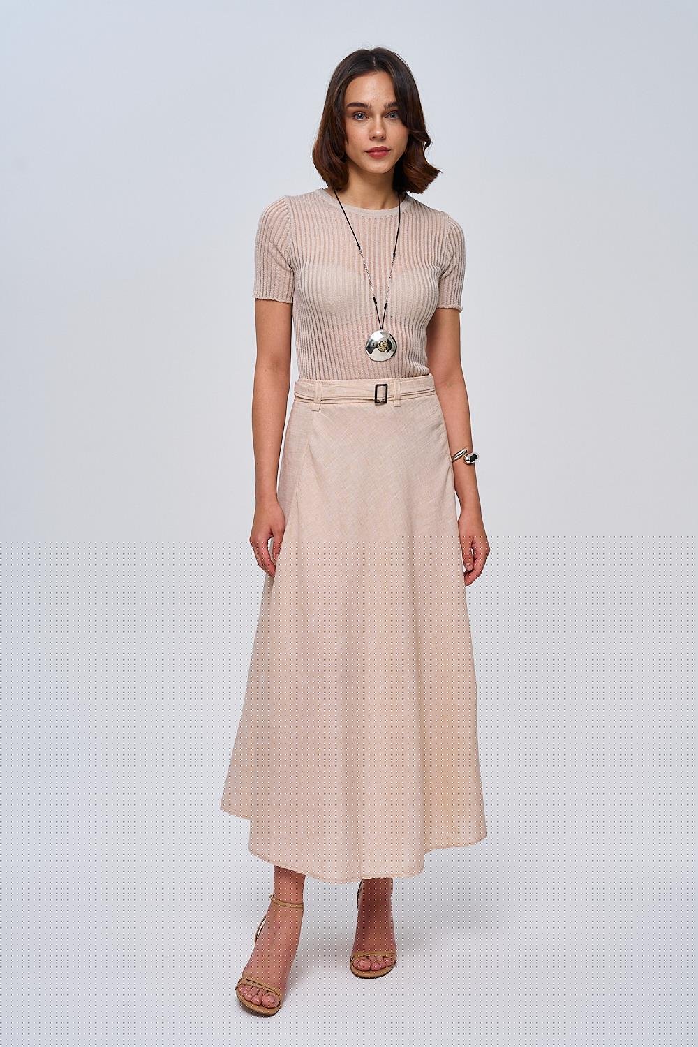 Linen Blend Belted Beige Midi Skirt