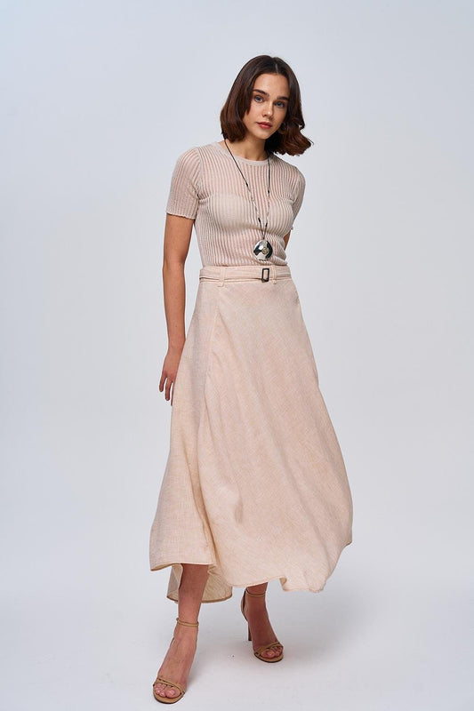 Linen Blend Belted Beige Midi Skirt